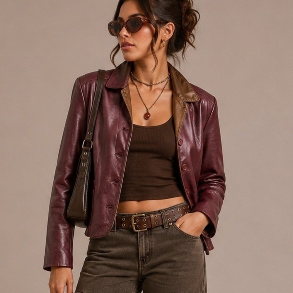 Bermans Vintage 80s Burgundy Oxblood Leather Blazer Jacket Tan Collar Womens 10
